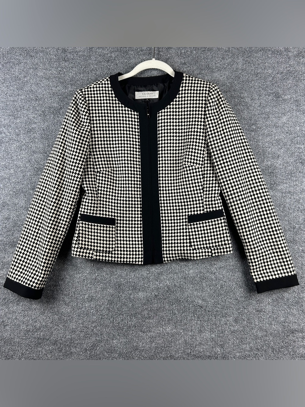 Tahari Arthur S Levine Black Cream Houndstooth Tweed Wool Zip Jacket Size 8 Work